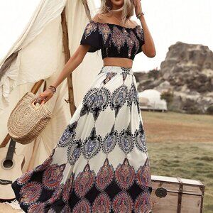 Multicolor Boho Womens Geo Print Shirred Detail Crop Top & Skirt